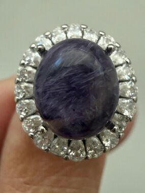 Charoite Cab Ring in Silver-Tone Copper Purple Stone Statement JewelryAdjustable